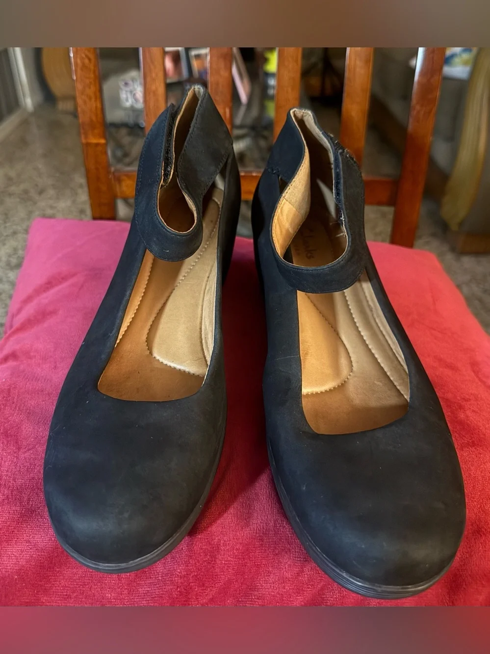 Clarks Black Nubuck Mary Jane Wedge Shoes Comfort Ankle Strap Women’s Size 9